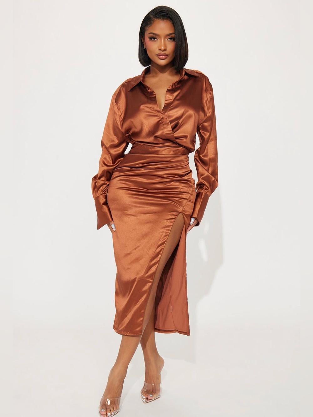 Fashion Nova Satin Copper-Brown Midi Dress